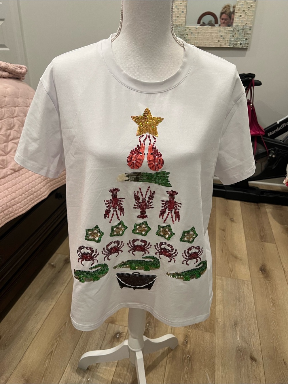 White Sequin Seafood Tree Short Sleeve Tee